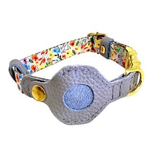 BUDKAS NEW Genuine Leather AirTag Dog Puppy Collar XS 9–12" Floral Blue Gold